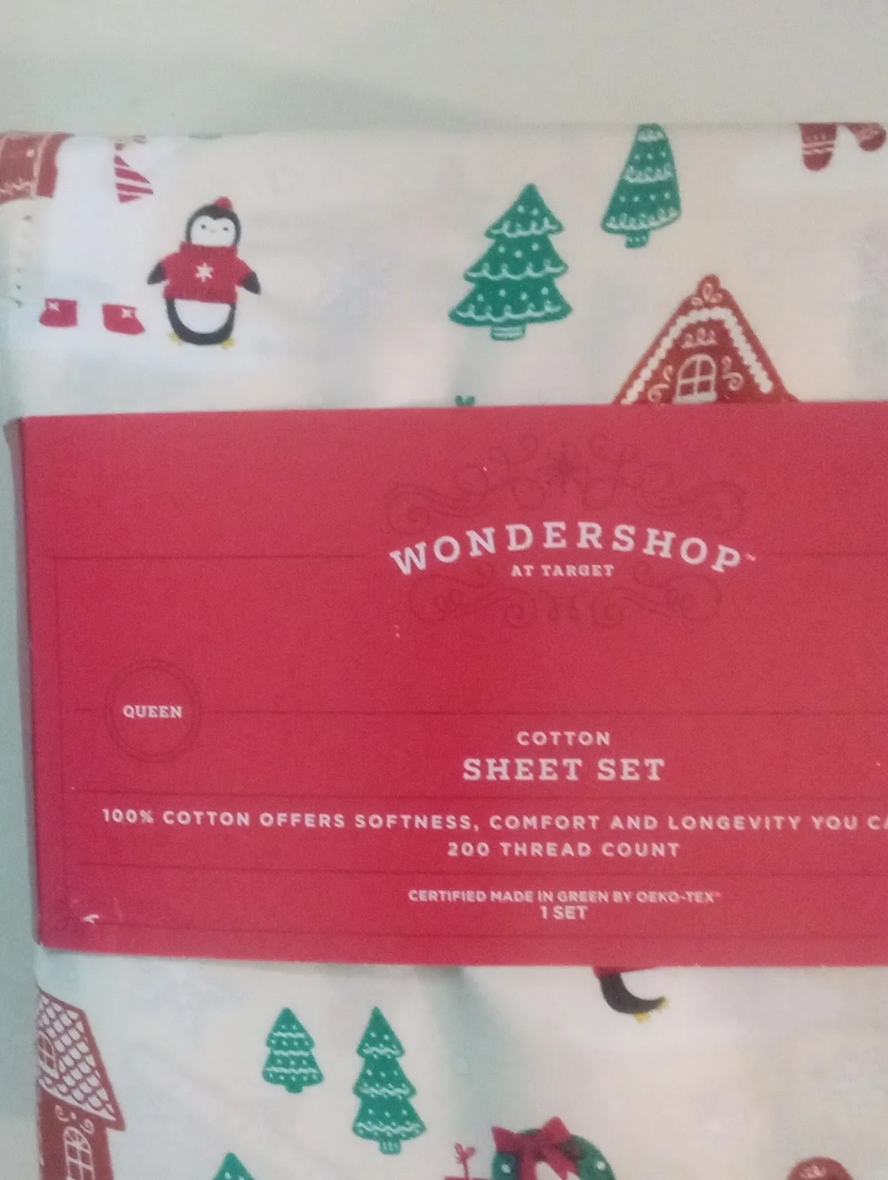 Wondershop White Sheet Set with Green & Red Holiday Motifs Queen NWT $59 Target